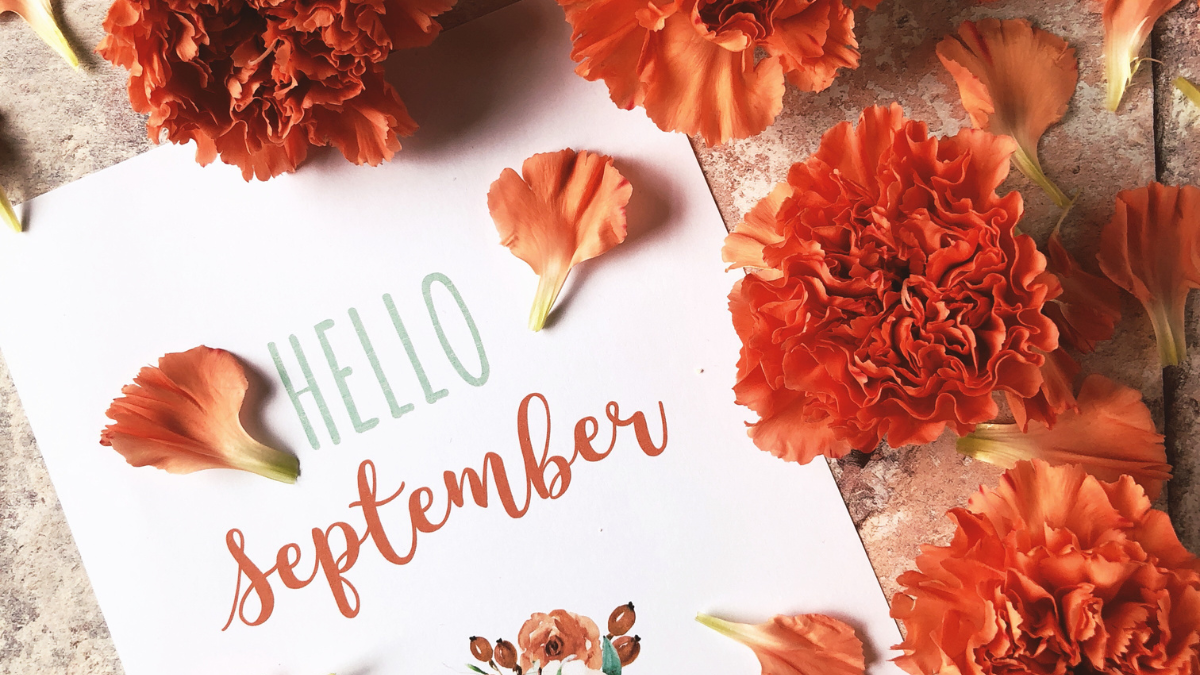 Hello September written on a piece of paper, with orange flowers surrounding it